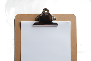 A brown clipboard with white paper isolated on white background PNG used for office work
