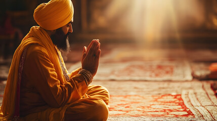 Man in meditation pose with warm sunlight in a tranquil temple setting : Generative AI