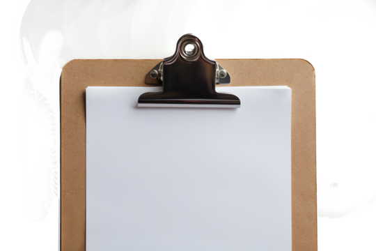 A brown clipboard with white paper isolated on white background PNG used for office work
 - Powered by Adobe