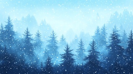 Soft glittering snowfall over a blue forest landscape, highly detailed, cold and delicate, natural and beautiful, peaceful and magical atmosphere