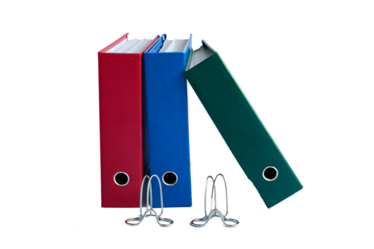 A 3D rendering of organized binders isolated on white background PNG used for office work