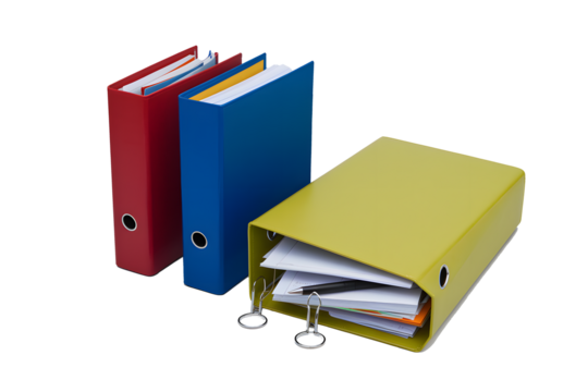 A 3D rendering of organized binders isolated on white background PNG used for office work