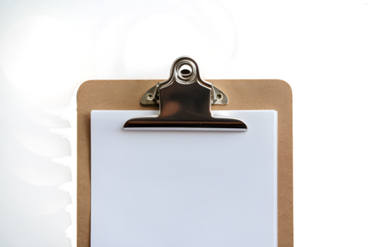 A brown clipboard with white paper isolated on white background PNG used for office work