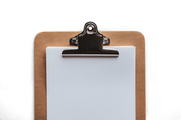 A brown clipboard with white paper isolated on white background PNG used for office work