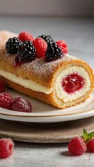 Raspberry Cake Roll with Cream Cheese Filling and Fresh Berries
