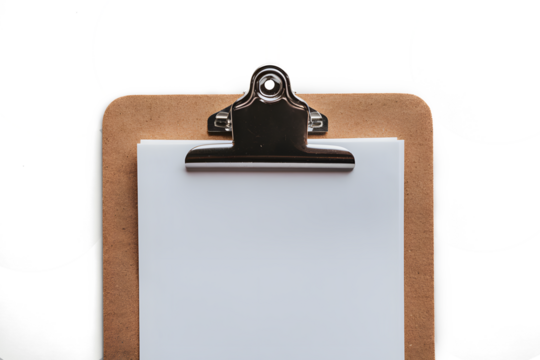 A brown clipboard with white paper isolated on white background PNG used for office work
