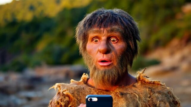 Caveman amazed by modern technology in scenic wilderness