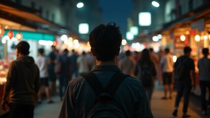 A person navigates through a crowded street market at night, overwhelmed by the noise and chaos, but feeling intensely isolated. The bright lights and bustling crowd emphasize their loneliness and 