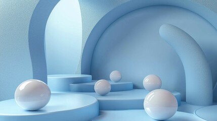 A serene interior with soft blue tones and geometric forms, featuring shiny spheres and smooth curves that create an elegant, modern ambiance.
