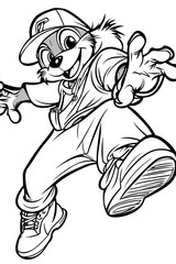 Fototapeta premium Cool cartoon animal character expressing joy, wearing a cap, casual clothes, and stylish sneakers.