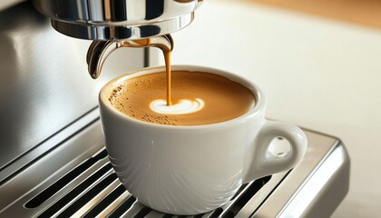 Close-Up Of Espresso Machine Carefully Extracting A Flavorful Coffee Shot Into A Cup, Providing A Detailed View Of The Process.