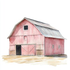 Vibrant watercolor painting of an  barn features intricate textures and a rustic design, capturing the essence of rural landscapes and simplicity