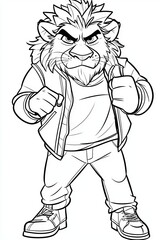 Fototapeta premium A fierce, cartoon lion character with an assertive pose, exuding confidence and strength in casual attire.