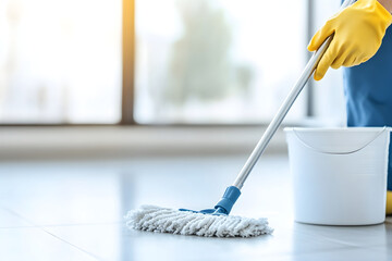 Person removing dirt from tile floor with mop. Houseworker with protective yellow rubber gloves on hands. Easy cleaning service concept. Spring cleaning and housework, business cleaning concept.
