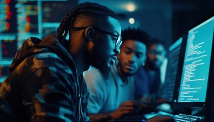 African American Development Team Discussing Source Code On Screen, Analyzing Server Info. Database Administrators Working Together In Ai Programming Facility.