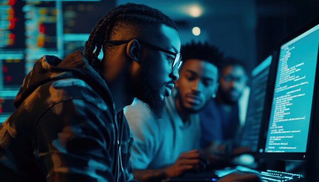 African American Development Team Discussing Source Code On Screen, Analyzing Server Info. Database Administrators Working Together In Ai Programming Facility.