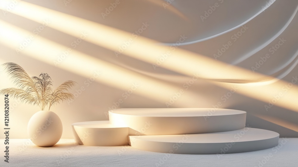 Fototapete Elegant geometric 3D podium set with white round shapes, minimalist design illuminated by soft light and shadow