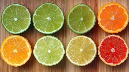 Obraz premium Colorful citrus fruits arranged in neat rows on a wooden surface showcasing their vibrant colors and freshness