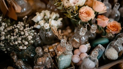 Rustic wedding decor with flowers, glass bottles, and bath bombs.