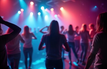 Energetic crowd dancing in brightly lit club at night. People move with vibrant energy. Nightclub atmosphere lively. Dancing group enjoy music. Event full of festivity. Nightlife celebration in