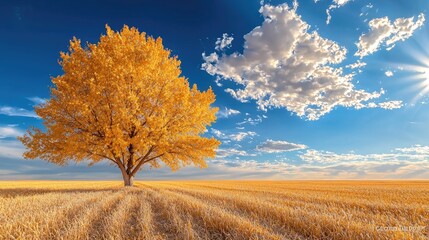 Obraz premium Golden autumn tree in wheat field, sunny sky. Landscape use