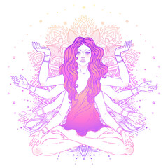 Beautiful woman with long hair and multiple hands sitting in lotus yoga position. Multi-armed goddess is Goddess Lakshmi, the Hindu goddess of wealth, fortune, and prosperity. Vector detailed isolated