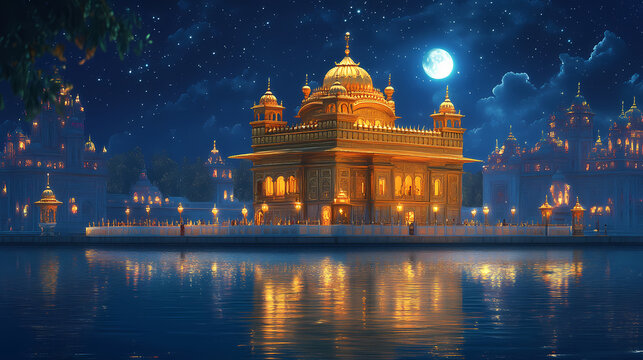 Golden temple reflecting in a serene moonlit sea, under a night sky filled with stars. Moonlit Temple. Illustration