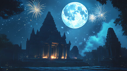 Naklejka premium Majestic ancient temple under bright blue moonlit sky with fireworks. Moonlit Temple. Illustration