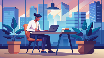 Working with a City View: A focused individual sits at a desk, deeply engrossed in their work, with a modern cityscape view creating an inspiring backdrop.