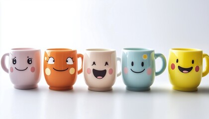 Cute Mugs, Glasses, And Cups Filled With Tea, Coffee, Milk, And Soda Drinks On A White Background. Quirky And Humorous Beverage Containers.