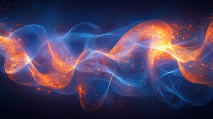 Abstract glowing arcs of neon blue and orange light, forming futuristic patterns on a dark blue background