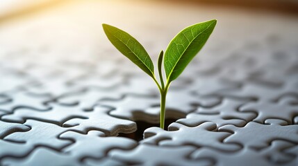 Green Seedling Growing from Jigsaw Puzzle Pieces, Symbolizing Innovation, Progress, and Sustainability in Business Concept, Representing Problem Solving, Strategy, and New Beginnings
