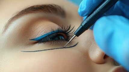 Close-up of beauty professional applying eyeliner on a client's eye during a makeup session at a salon