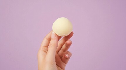 Woman's hand holding bath bomb, purple background, spa product, beauty