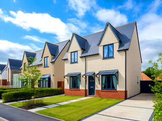 New and modern English house on a sunny day, blue cloudy sky.