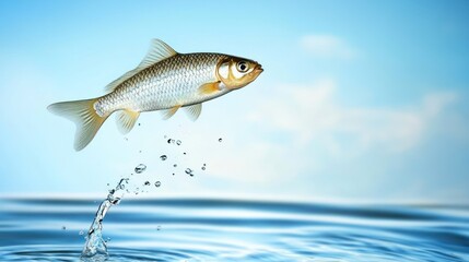 Fototapeta premium A silver fish leaps from the water, creating a splash.