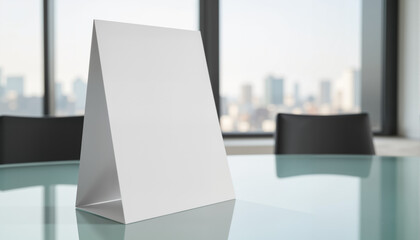 Blank table tent on glass table in modern office