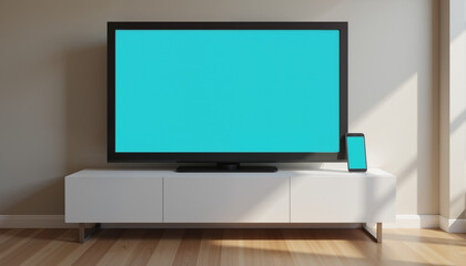 Fototapeta premium Modern TV and smartphone on white cabinet in bright living room