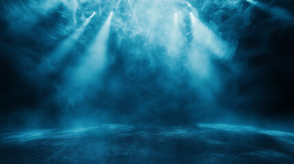 Naklejka premium Illuminated stage with scenic lights and smoke. Blue spotlight with smoke volume light effect on black background. Stadium cloudiness projector