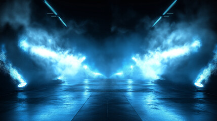 Fototapeta premium Illuminated stage with scenic lights and smoke. Blue spotlight with smoke volume light effect on black background. Stadium cloudiness projector