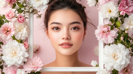 Woman with flawless skin, framed by flowers, pink background, beauty