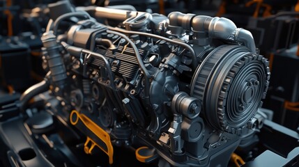 Powerful Engine Assembly Line Closeup