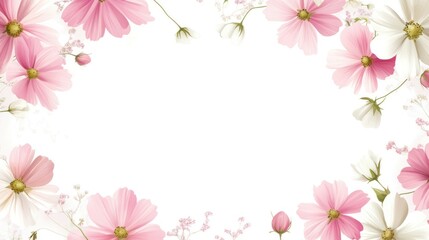 Fototapeta premium Pastel pink and white cosmos flowers frame, blank space, spring