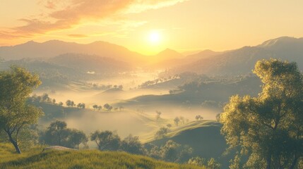 Sunrise over rolling hills covered in mist, soft warm light, tranquil and serene, highly detailed, peaceful and natural