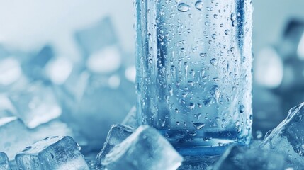 Chilled glass bottle, ice cubes, condensation, studio, refreshment
