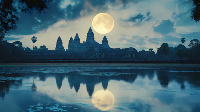 Angkor wat the iconic cambodian temple stands majestically against a backdrop of mystical moonlit skies its reflection mirrored in the tranquil waters. Moonlit Temple. Illustration