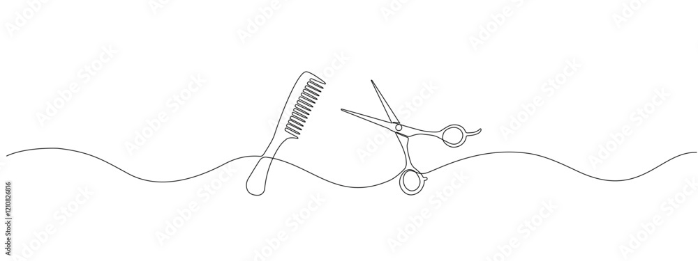 Poster a simple drawing of scissors and comb as one continuous line for a modern symbol of a barber shop or