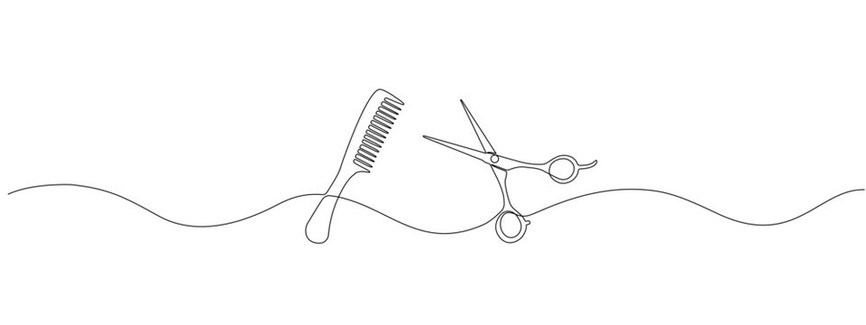 A simple drawing of scissors and comb as one continuous line for a modern symbol of a barber shop or salon. Editable stroke . Minimalistic vector illustration.