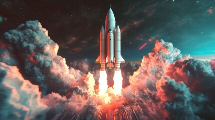 Futuristic Rocket Launch Over Skyscrapers in Vibrant Cityscape, Representing Innovation, Technology, and Progress in Space Exploration and Ambitious Business Growth with Fiery, Orange Glow