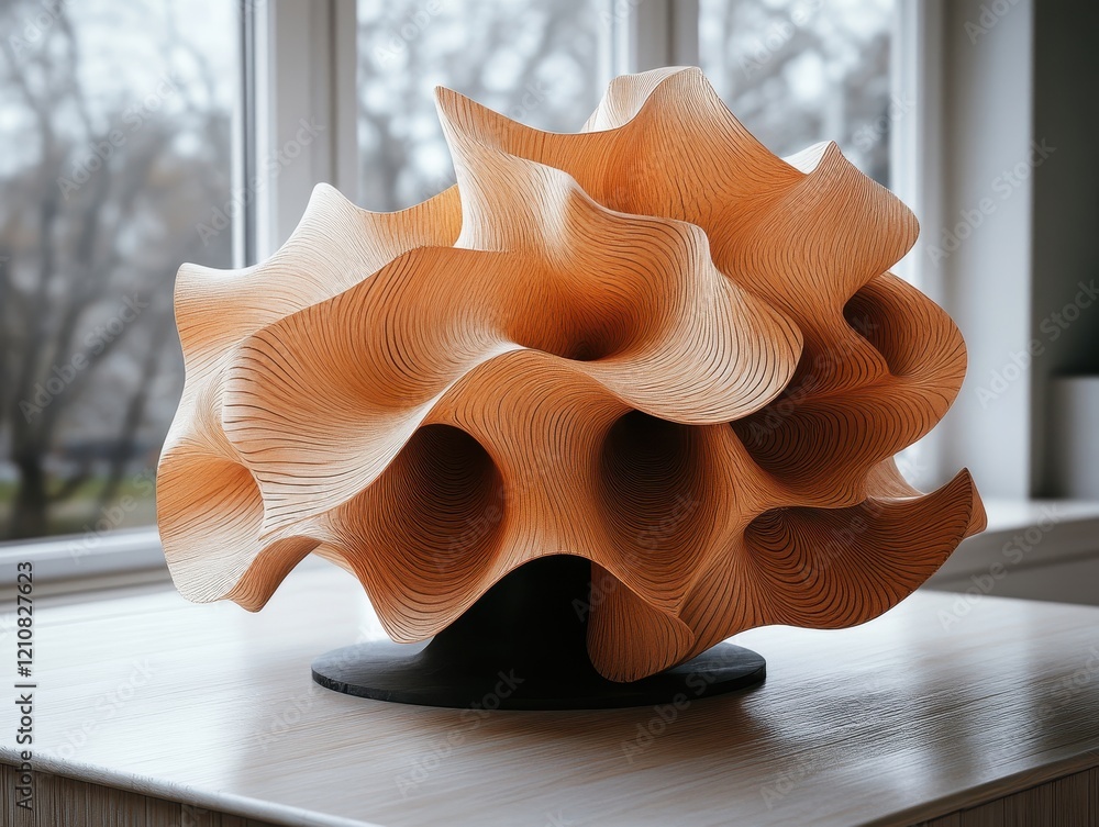 Poster abstract sculptural design displayed near a window, showcasing intricate curves.